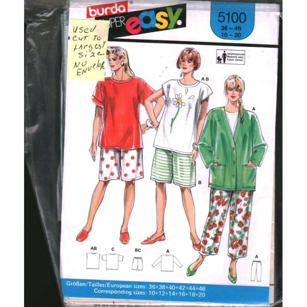 Burda Super Easy 5100 Maternity Pattern T-Shirt Cardigan Pants Shorts Size 10-20